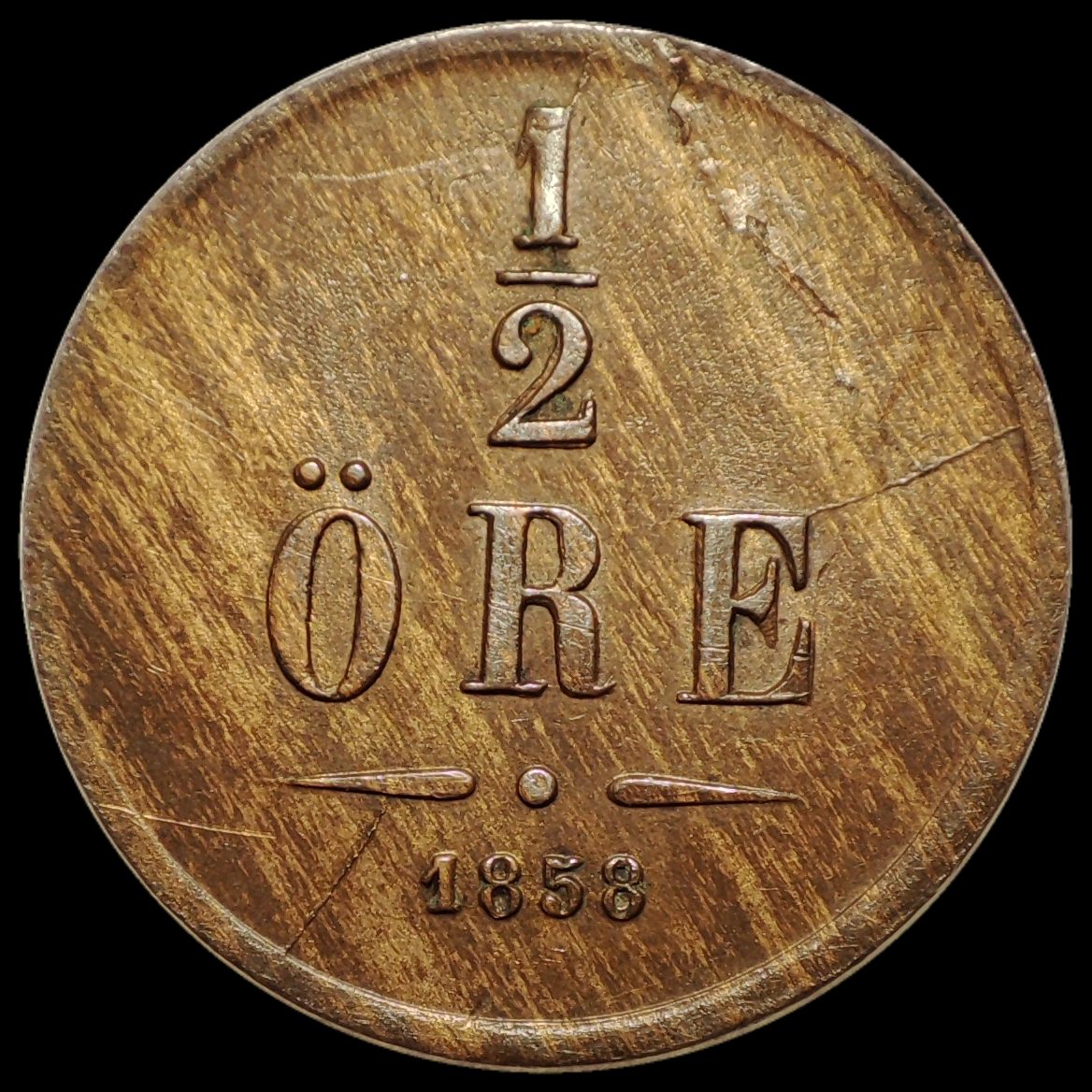 1/2-�re-1858---Oscar-I---Sweden--Improper-Alloy-Mix,-Lamination-Cracks,-Die-Crack-